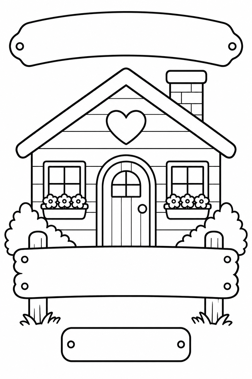 Black-and-white coloring card: Our new little home, with three blank writing areas.