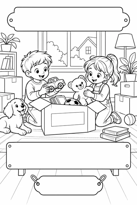 Black-and-white coloring card: Unpacking toys together, with three blank writing areas.