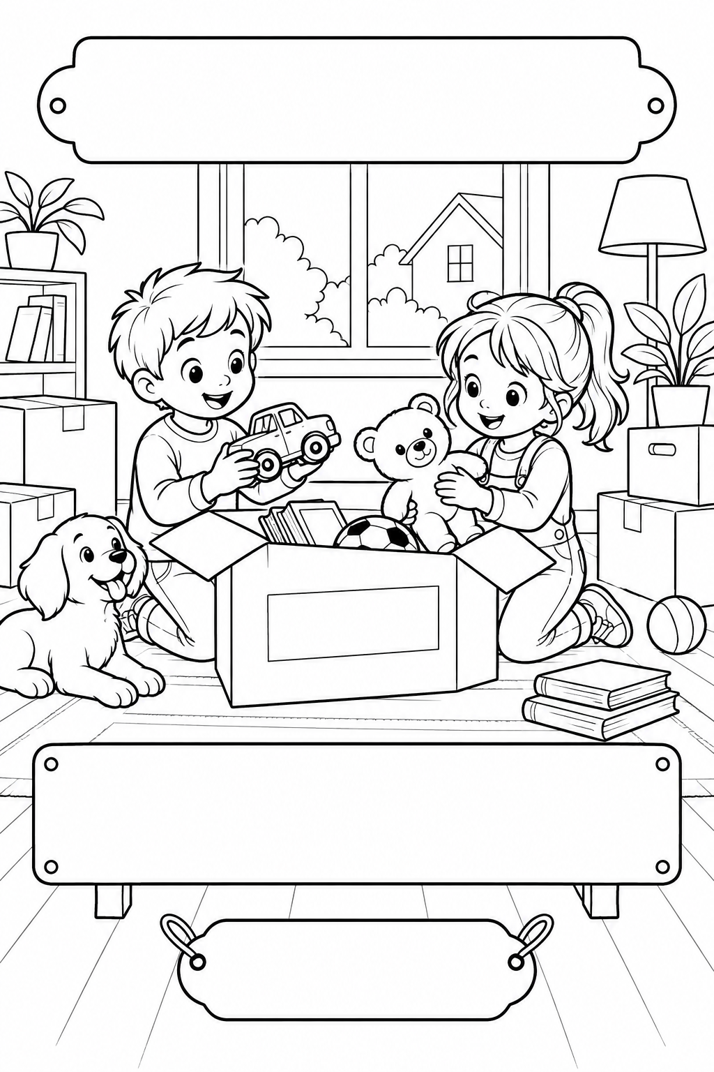 Black-and-white coloring card: Unpacking toys together, with three blank writing areas.