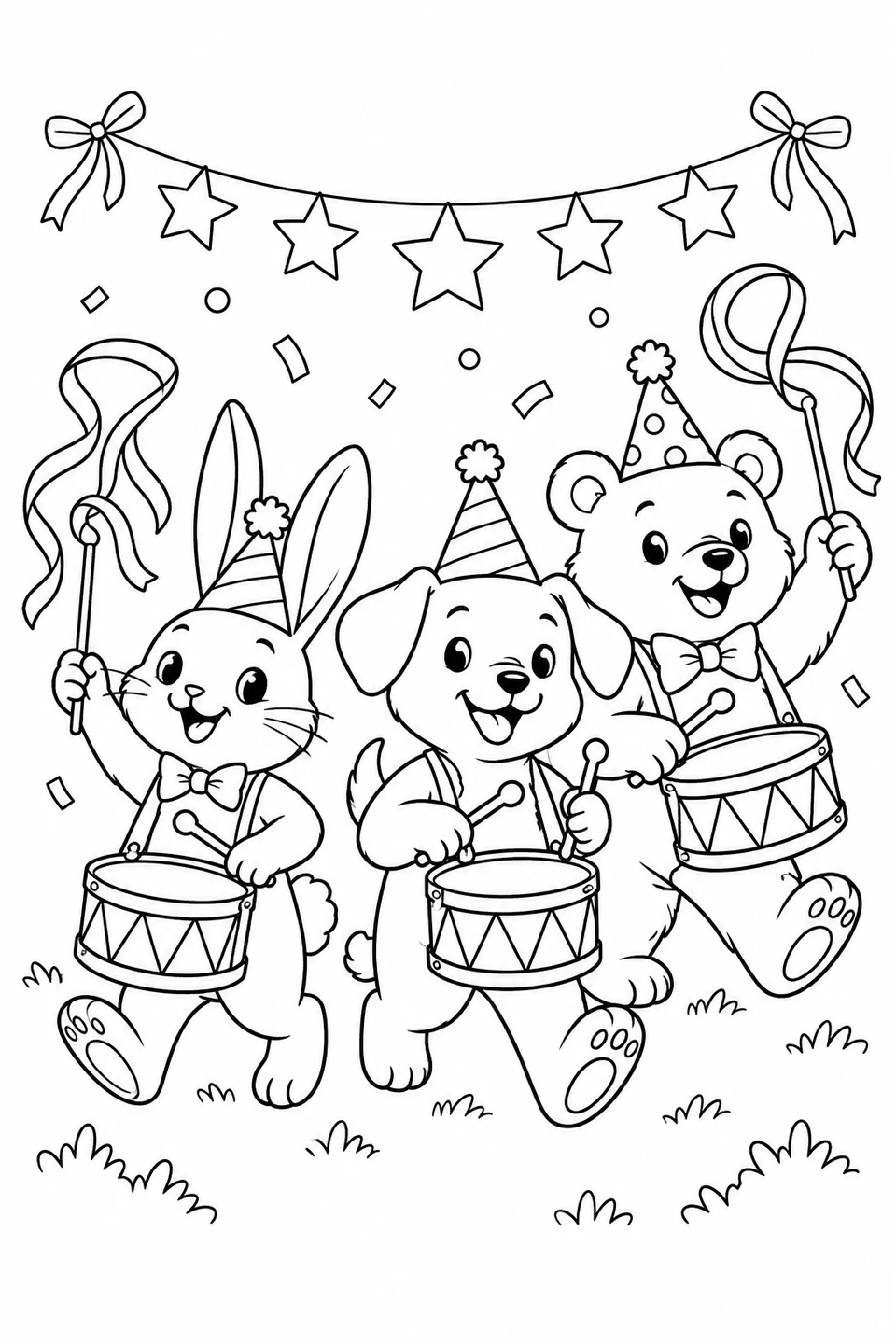 A bunny, a puppy and a bear cub in party hats march with drums and ribbons beneath a star garland.