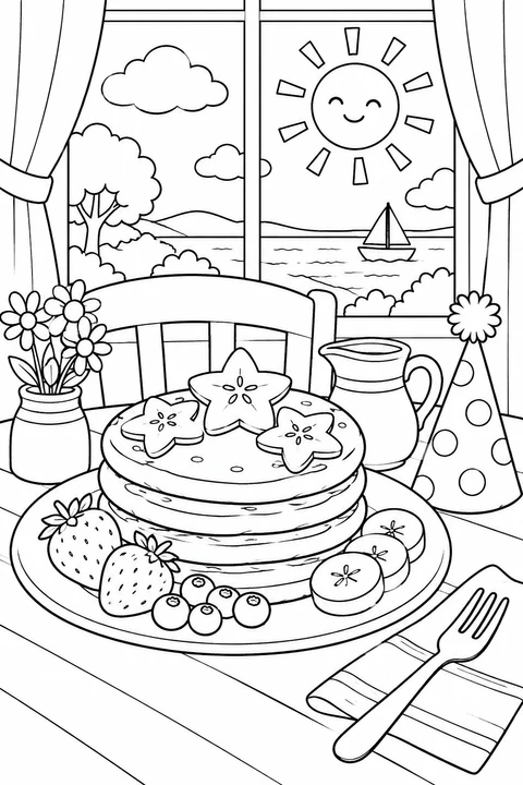 Pancakes topped with starfruit share a plate with strawberries, blueberries and banana slices. A sunny window, pitcher and party hat welcome the new year.