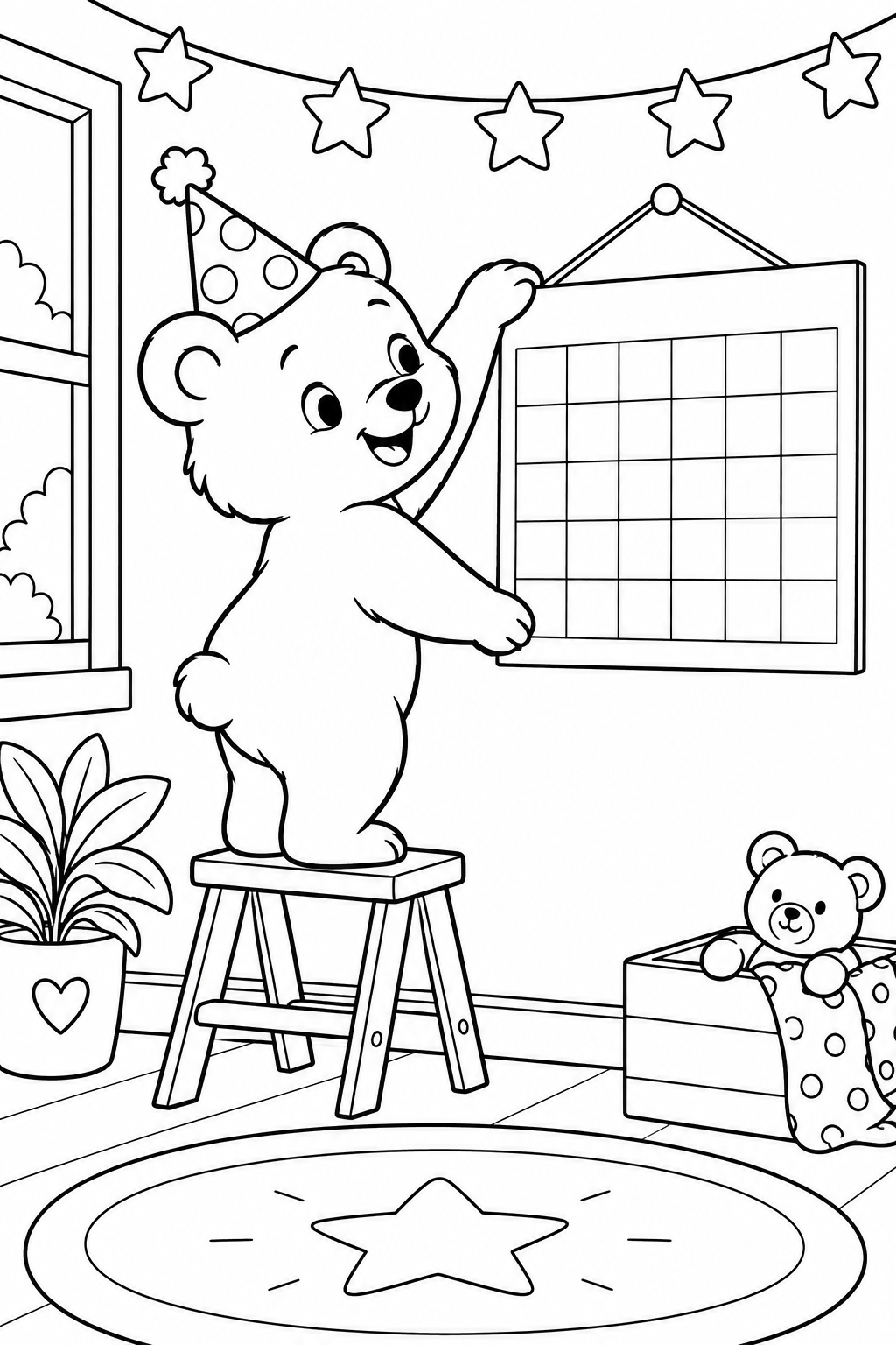 A cheerful bear stands on a stool to hang a blank calendar in a room filled with toys.