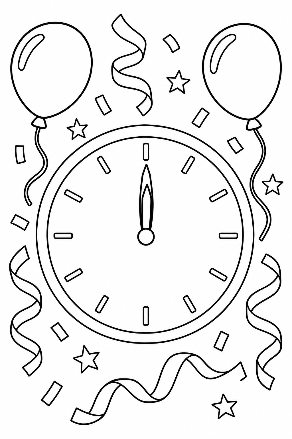A clock points to midnight, surrounded by balloons and curling confetti ribbons.