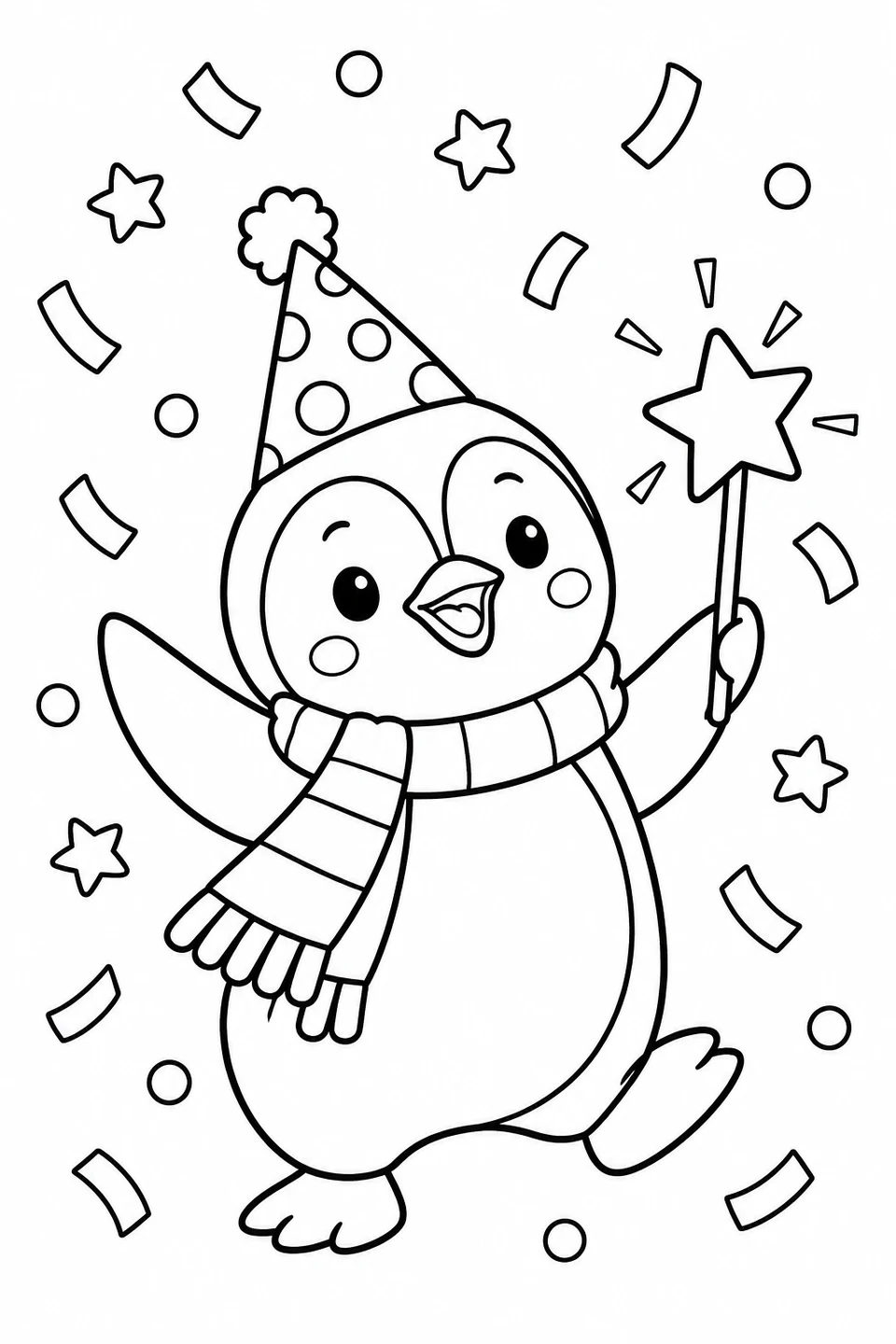 Un joyeux petit manchot porte une écharpe et un chapeau de fête. Il tient une baguette étoilée sous les confettis.