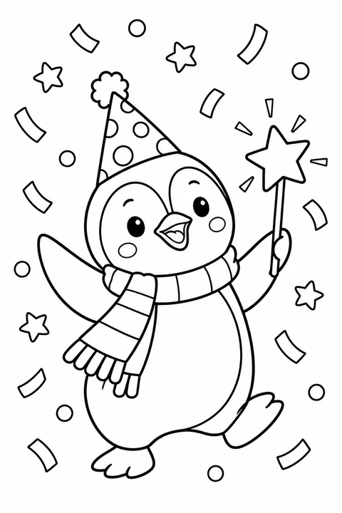 A cheerful penguin in a scarf and party hat holds a star wand among falling confetti.
