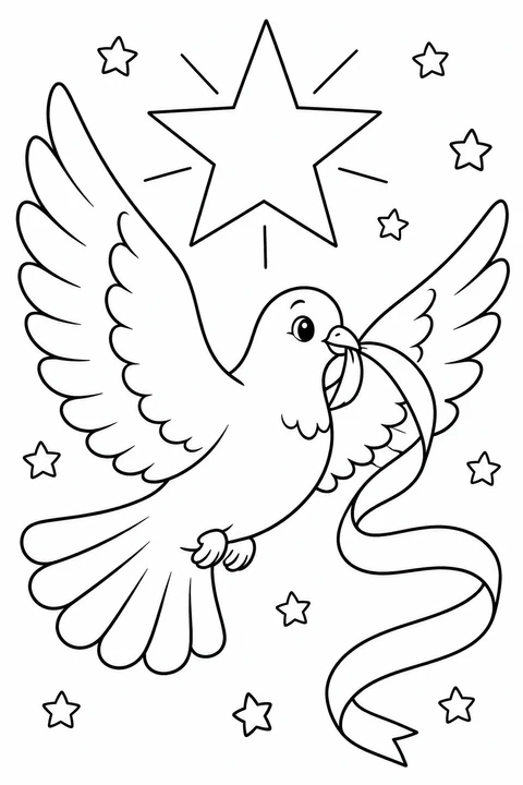 A dove flies with a curling ribbon in its beak, surrounded by large and small stars.
