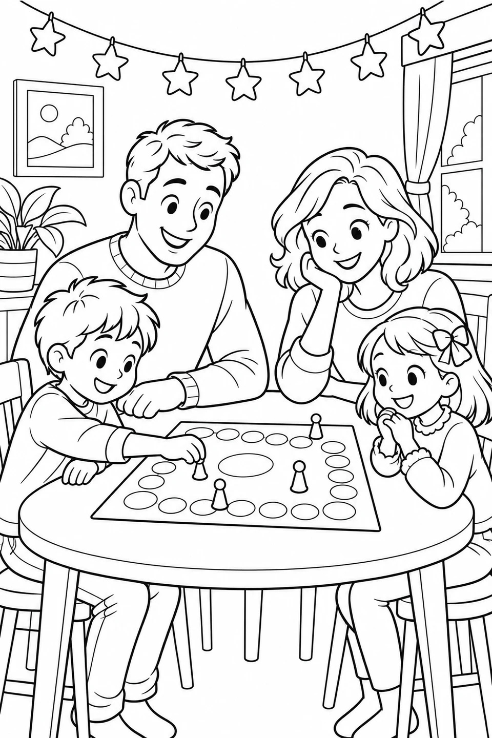 Two adults and two children play a board game with round spaces and little pawns beneath a star garland.