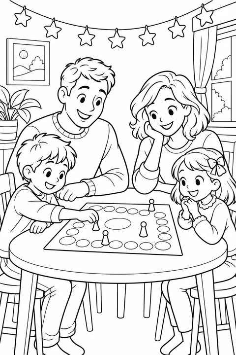 Two adults and two children play a board game with round spaces and little pawns beneath a star garland.