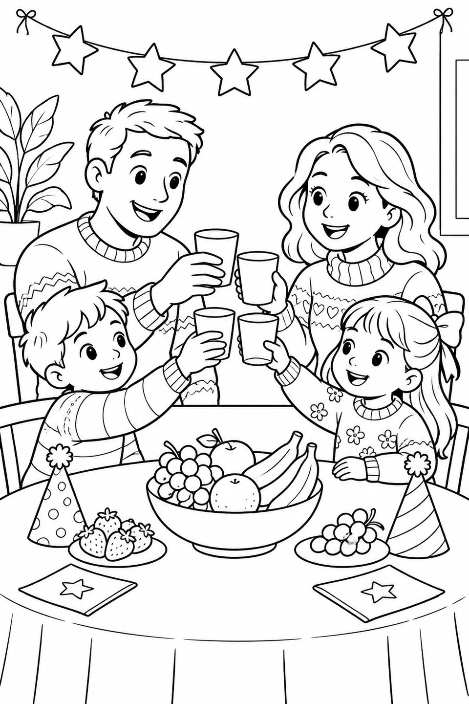 Two parents and two children raise their cups at a table with fruit and party hats beneath a star garland.