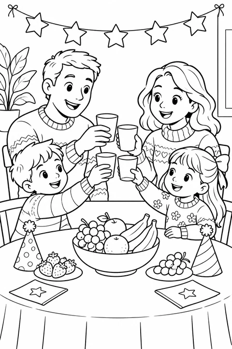 Two parents and two children raise their cups at a table with fruit and party hats beneath a star garland.