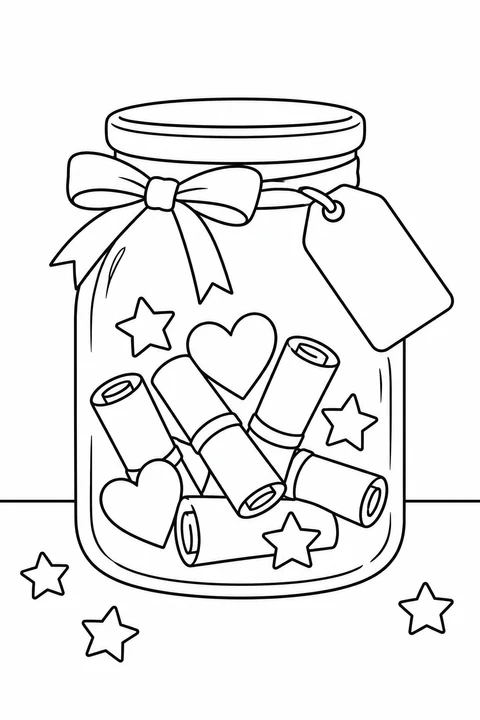 A large glass jar holds rolled notes, hearts and stars, with a bow and blank tag outside. Color each shape and imagine the memories you would save.