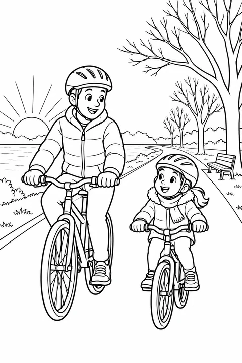 A father and child in helmets and winter coats cycle beside a quiet lake at sunrise. Color their New Year's morning ride through the park.
