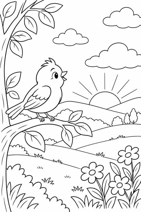 A cheerful bird perches on a leafy branch above rolling hills, flowers and a rising sun.