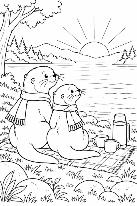 Two otters in scarves sit on a blanket beside a quiet river, facing the sunrise. A thermos and two cups keep them company on New Year's morning.