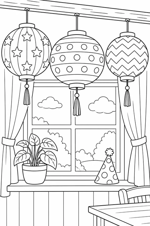 Drie lampions met sterren, stippen en zigzaglijnen hangen bij het raam. Een plant en een feesthoedje maken deze eenvoudige nieuwjaarsversiering compleet.