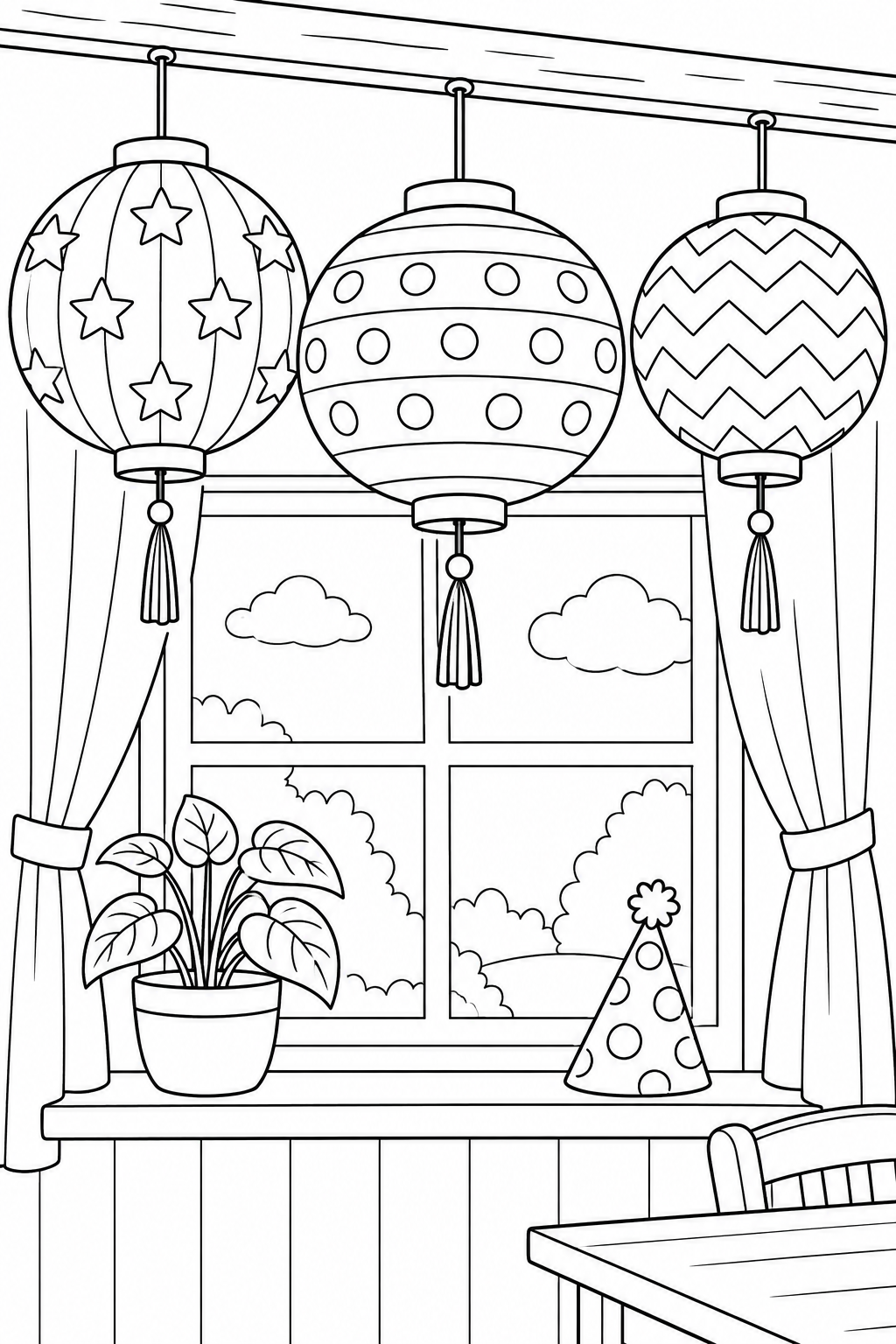 Trois lampions à étoiles, pois et zigzags pendent près de la fenêtre. Une plante et un chapeau de fête complètent ces décorations du Nouvel An.