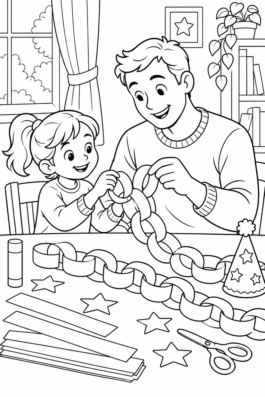 Ein Vater und sein Kind verbinden Papierringe am Basteltisch. Ausgeschnittene Sterne, ein Partyhut und Kleber liegen für die Silvesterdekoration bereit.