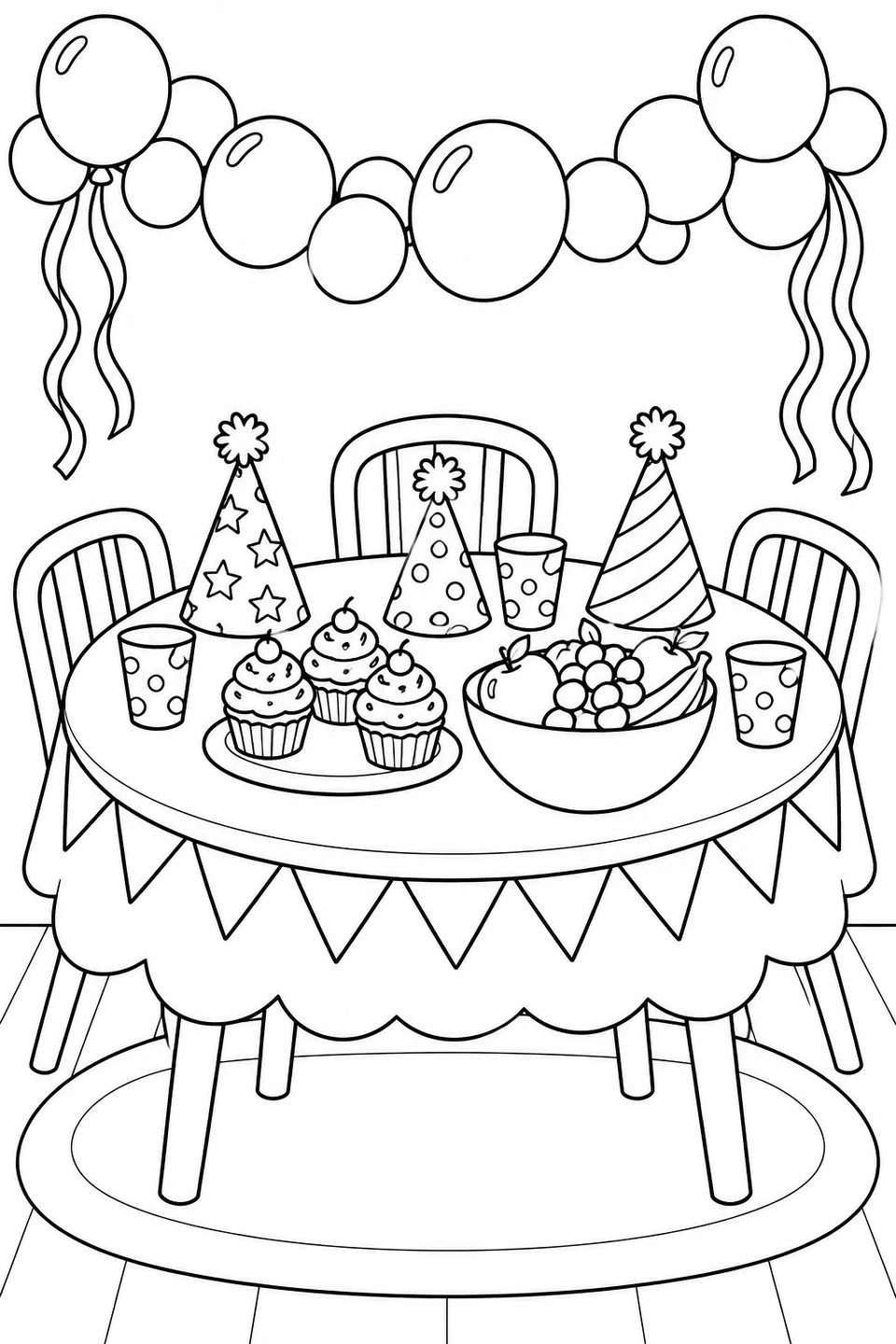 Party hats, cupcakes, fruit and cups fill a festive table beneath a balloon garland.
