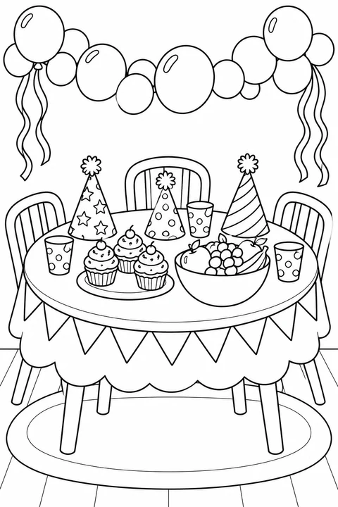 Feesthoedjes, cupcakes, fruit en bekers staan op een feestelijke tafel onder een ballonnenslinger.