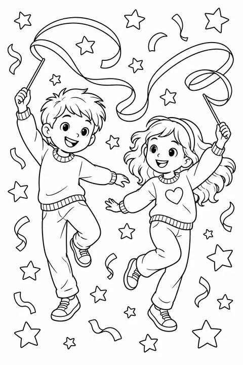 Twee vrolijke kinderen dansen met linten tussen sterren en confetti.