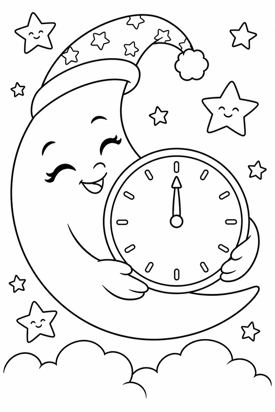 ナイトキャップをかぶったお月さまが、星と雲に囲まれて、真夜中を指す時計を抱えています。
