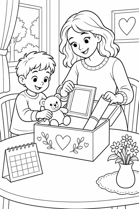 Een moeder en haar kind leggen een teddybeer, een leeg lijstje en opgerold papier in een herinneringendoos. Een lege kalender hoort bij hun nieuwe begin.