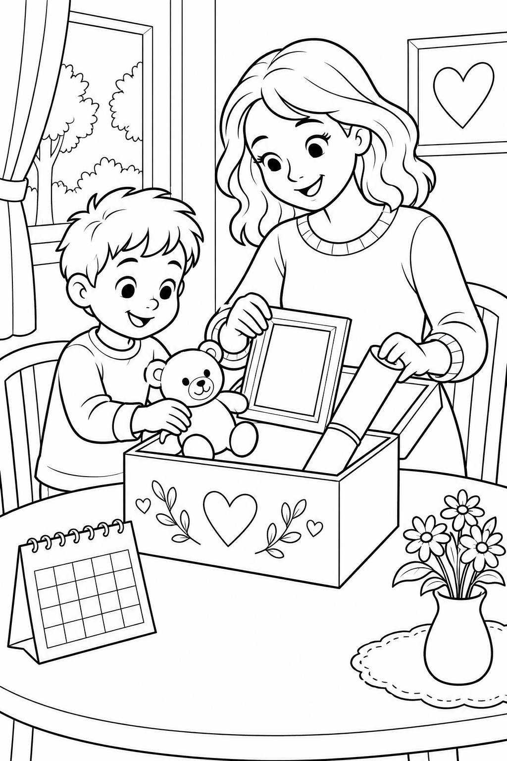 Une mère et son enfant déposent un ourson, un cadre vide et un papier roulé dans une boîte à souvenirs. Un calendrier vierge accompagne ce nouveau départ.