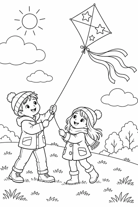 Twee kinderen in winterjassen laten een ruitvormige vlieger met sterren en een lintenstaart boven een glooiende heuvel vliegen.