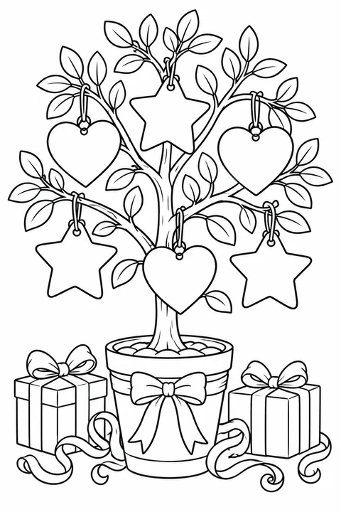 A potted tree holds blank star and heart wish cards, with gifts and ribbons around its base.