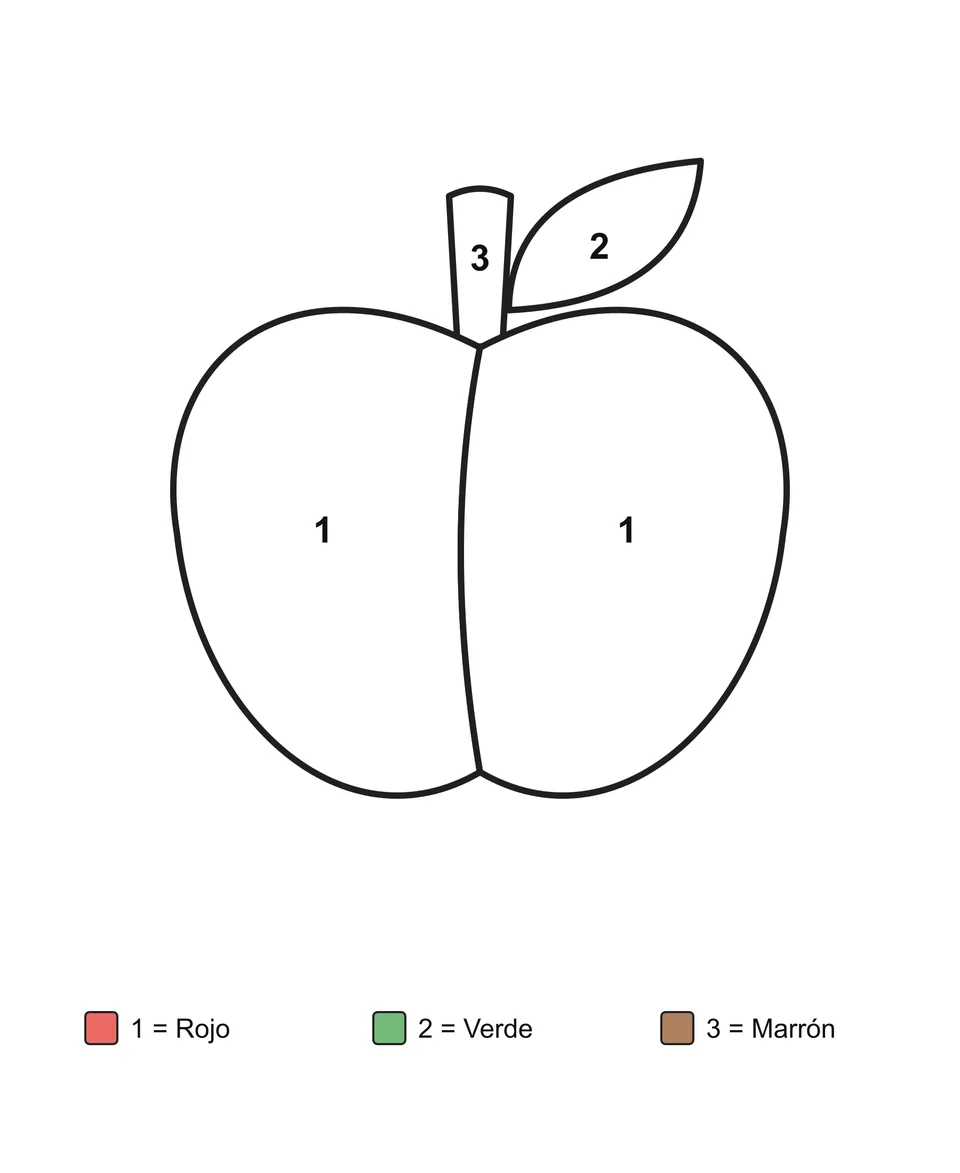 Manzana con dos zonas numeradas, una hoja y un rabillo; debajo aparece la clave de colores.