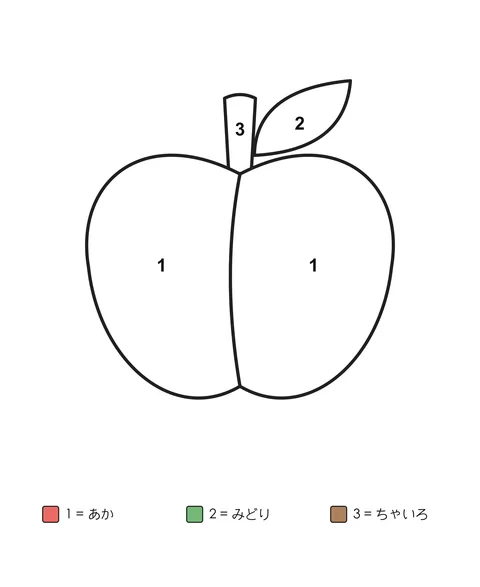数字の入った2つの区画に分かれたりんごと葉、軸。下に3色の対応表。