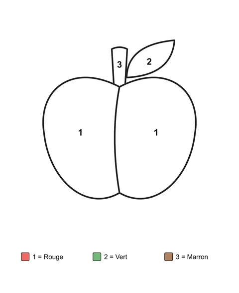Pomme en deux zones numérotées, avec une feuille et une queue, au-dessus du code couleur.