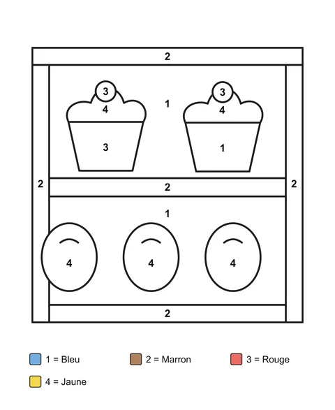 Deux petits gâteaux au-dessus de trois pains ovales dans une vitrine numérotée, avec un code couleur.