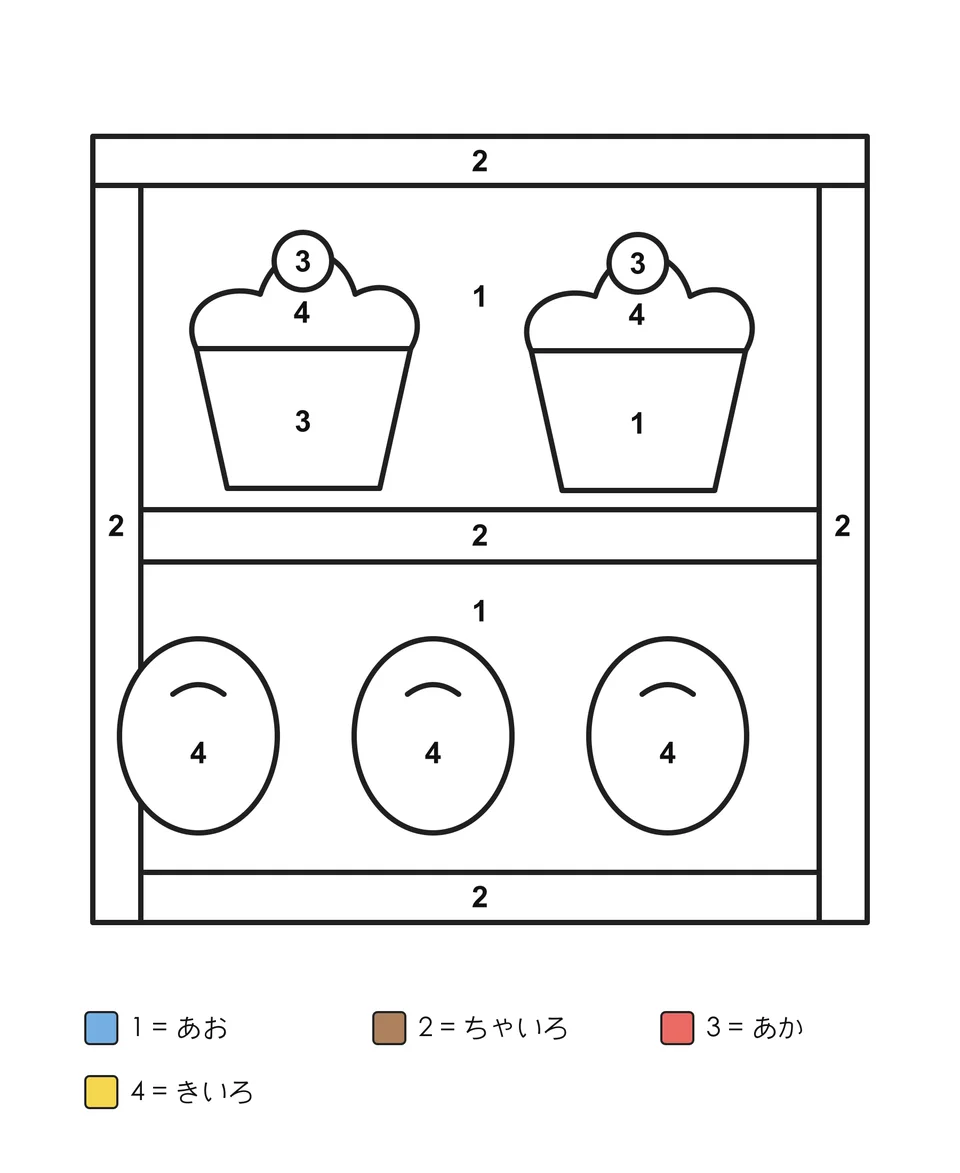 窓の二段の棚に並ぶ2つのカップケーキと3つのパン。各区画に数字が入り、下に色の対応表。