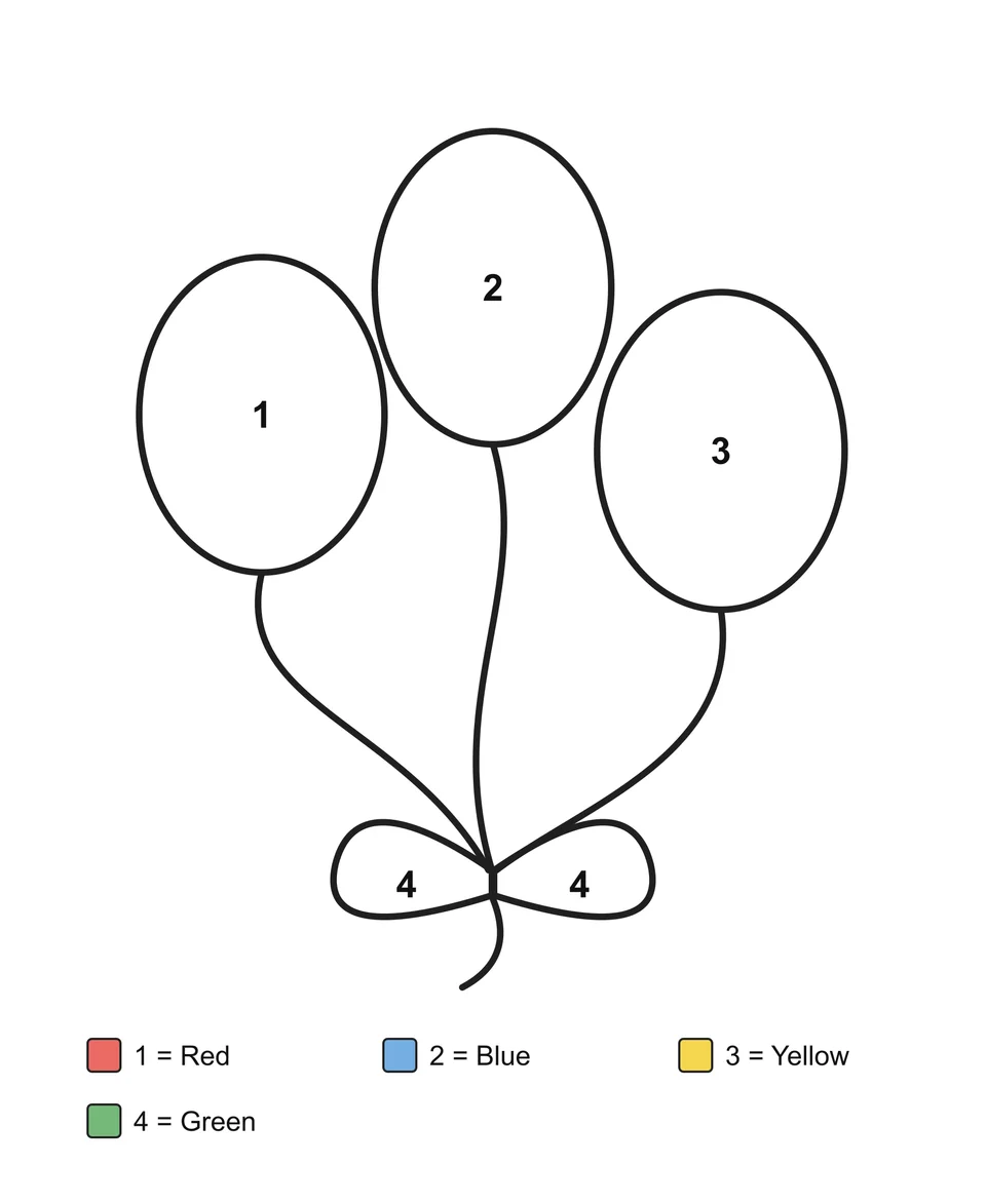 Three numbered balloons at different heights, with curved strings meeting at a bow and a color key below.