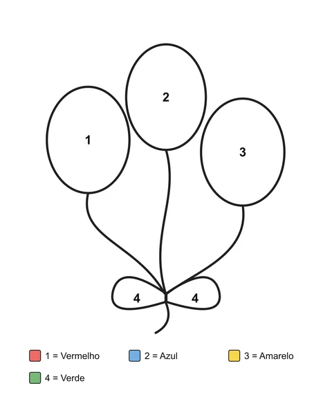 Três balões numerados em alturas diferentes, com fios unidos por um laço e uma legenda de cores.