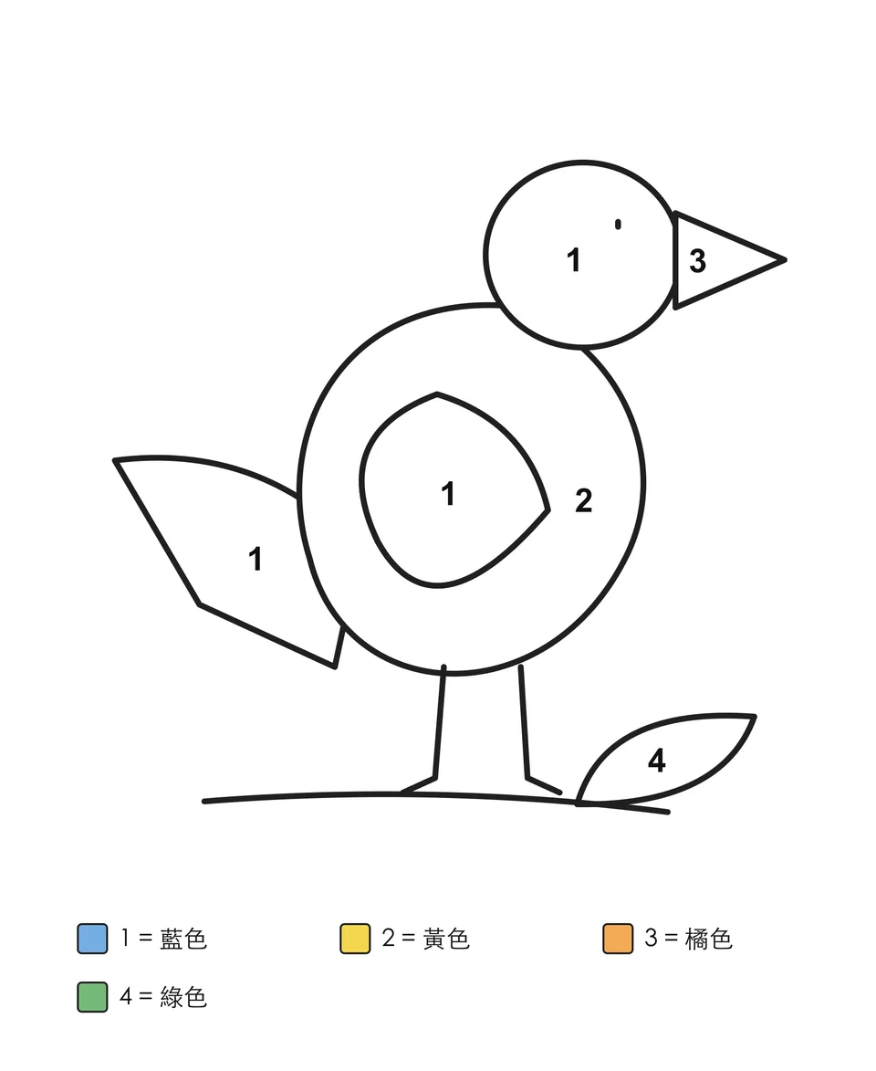 朝右的小鳥站在帶一片葉子的樹枝上,頭、翅膀、身體、尾巴和尖嘴標有數字,下方附色號表。