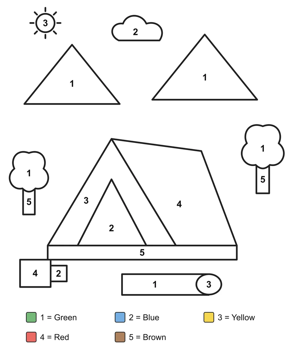 Numbered tent below two mountains, flanked by two trees, with sun, cloud, mug and rolled mat and a five-color key.