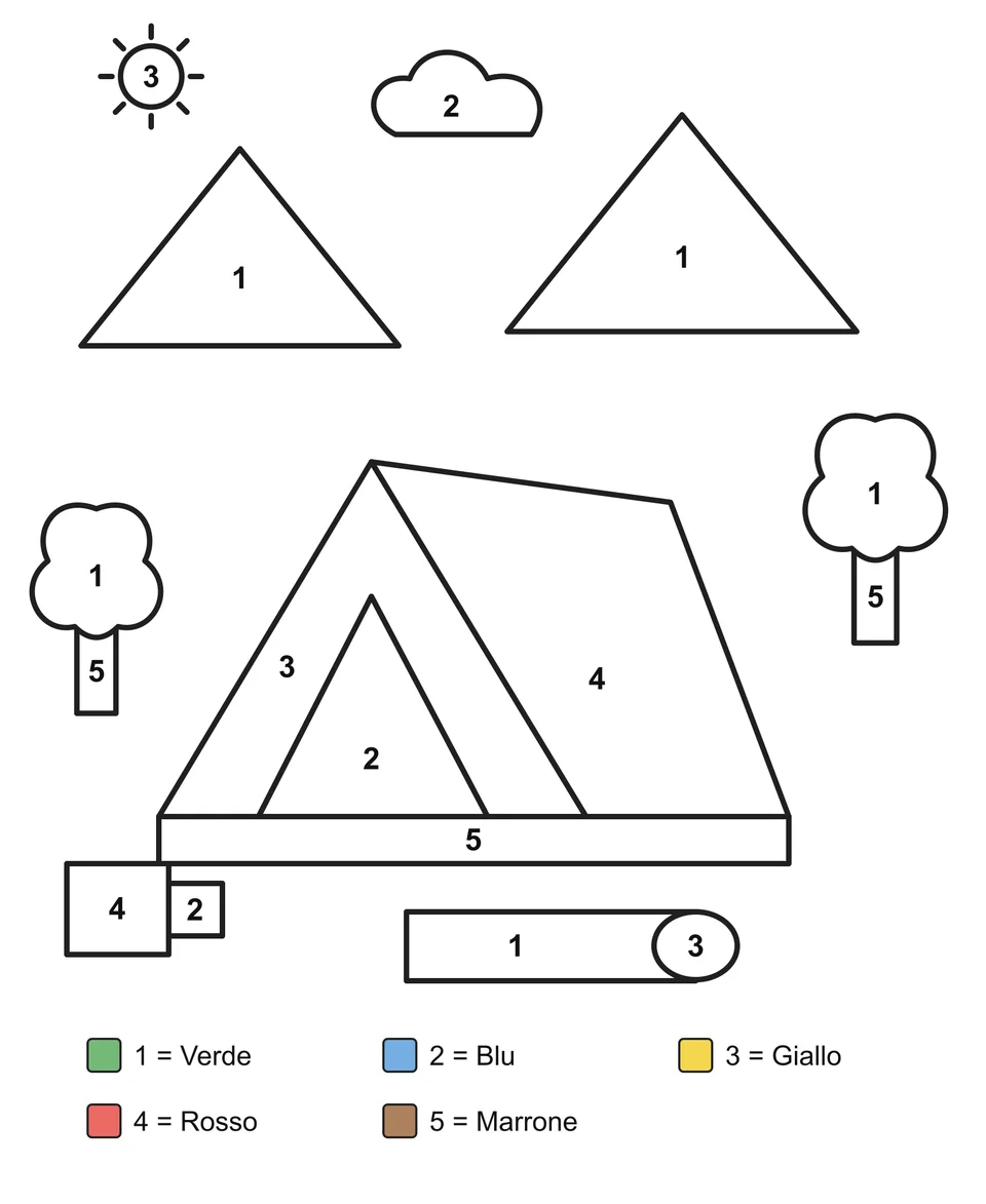 Tenda numerata davanti a due montagne, tra due alberi, con sole, nuvola, tazza e materassino arrotolato.