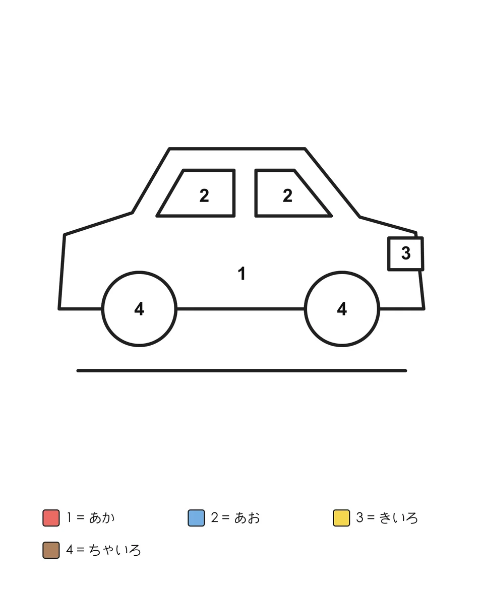 横向きの車。車体、2つの窓、2つの車輪、四角いライトに数字が入り、下に4色の対応表。