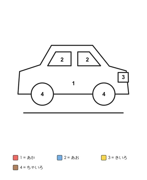 横向きの車。車体、2つの窓、2つの車輪、四角いライトに数字が入り、下に4色の対応表。