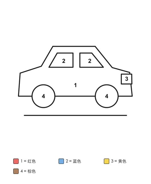 侧面的汽车，车身、两扇窗、两个圆轮和方形车灯标有数字，下方附四色色号表。
