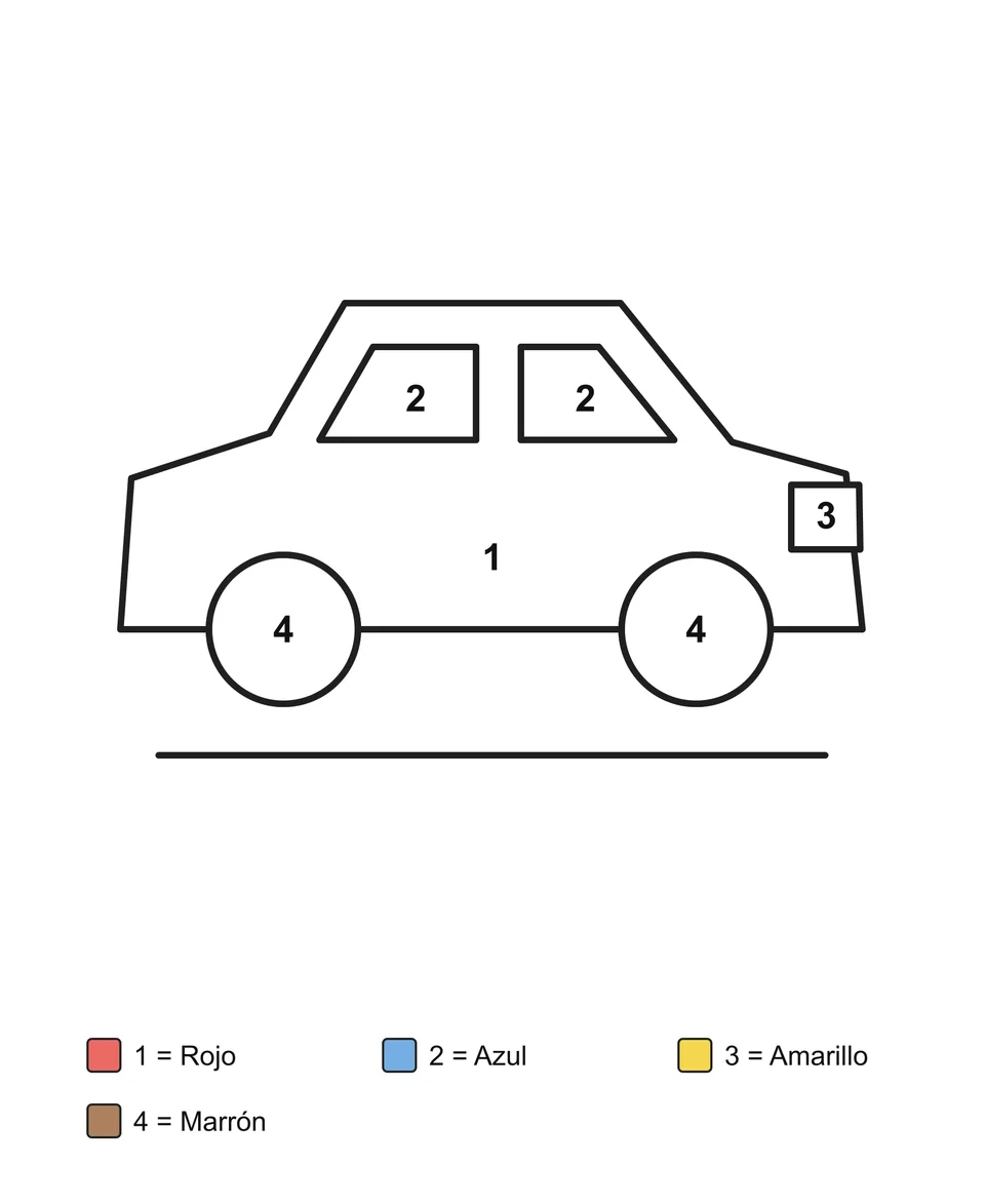Coche de perfil con carrocería, dos ventanas, dos ruedas y un faro cuadrado numerados; debajo, la clave de colores.