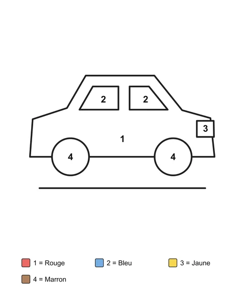 Voiture de profil avec une carrosserie, deux vitres, deux roues et un phare carré numérotés, au-dessus du code couleur.