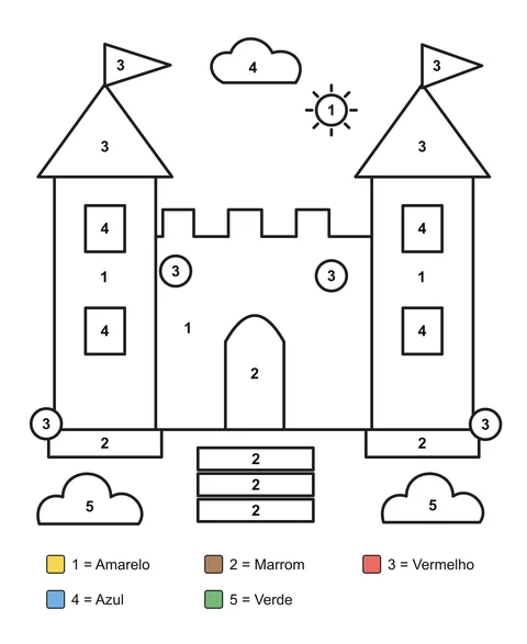 Castelo numerado com duas torres com bandeiras, quatro janelas, um portão em arco e três degraus.