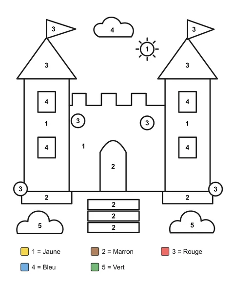 Château numéroté avec deux tours à drapeaux, quatre fenêtres, une porte en arc et trois marches.