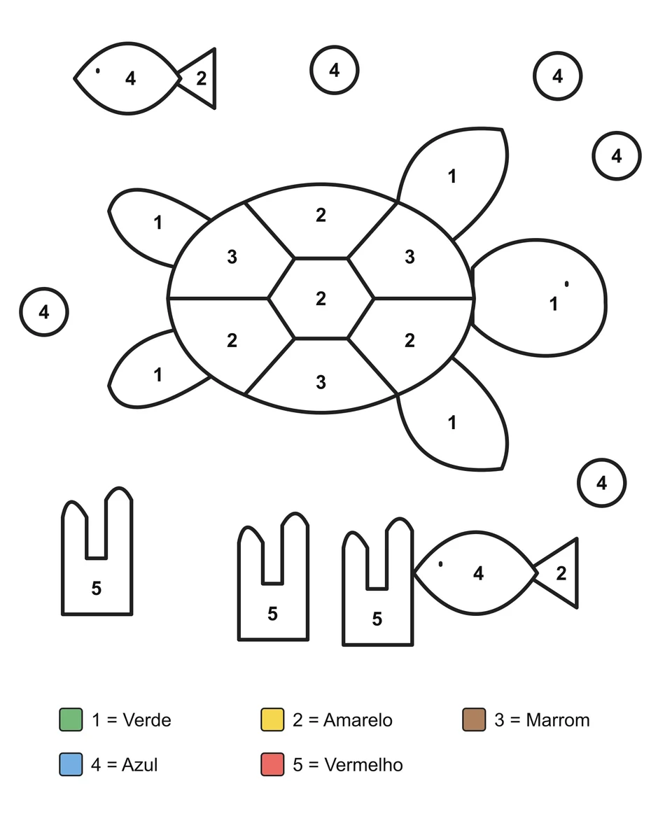 Desenho para colorir por números: Uma tartaruga marinha com o casco dividido em formas, peixes, corais e bolhas.
