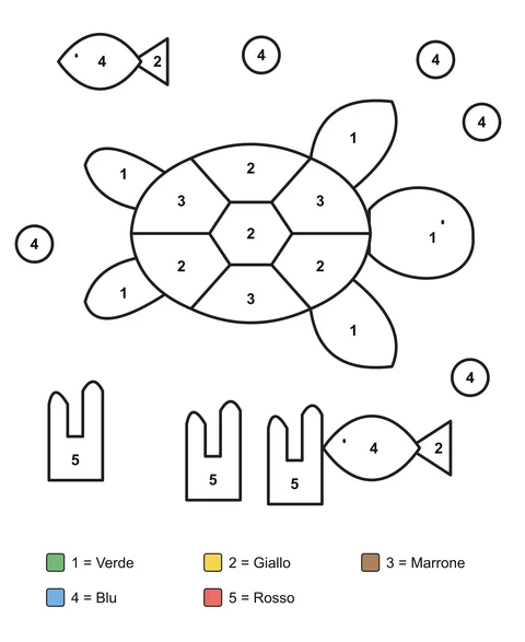 Disegno da colorare con i numeri: Una tartaruga marina dal guscio suddiviso in forme, pesci, coralli e bolle.