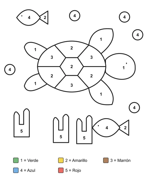 Tortuga marina con el caparazón dividido en secciones, dos peces, corales y burbujas en una lámina con números.