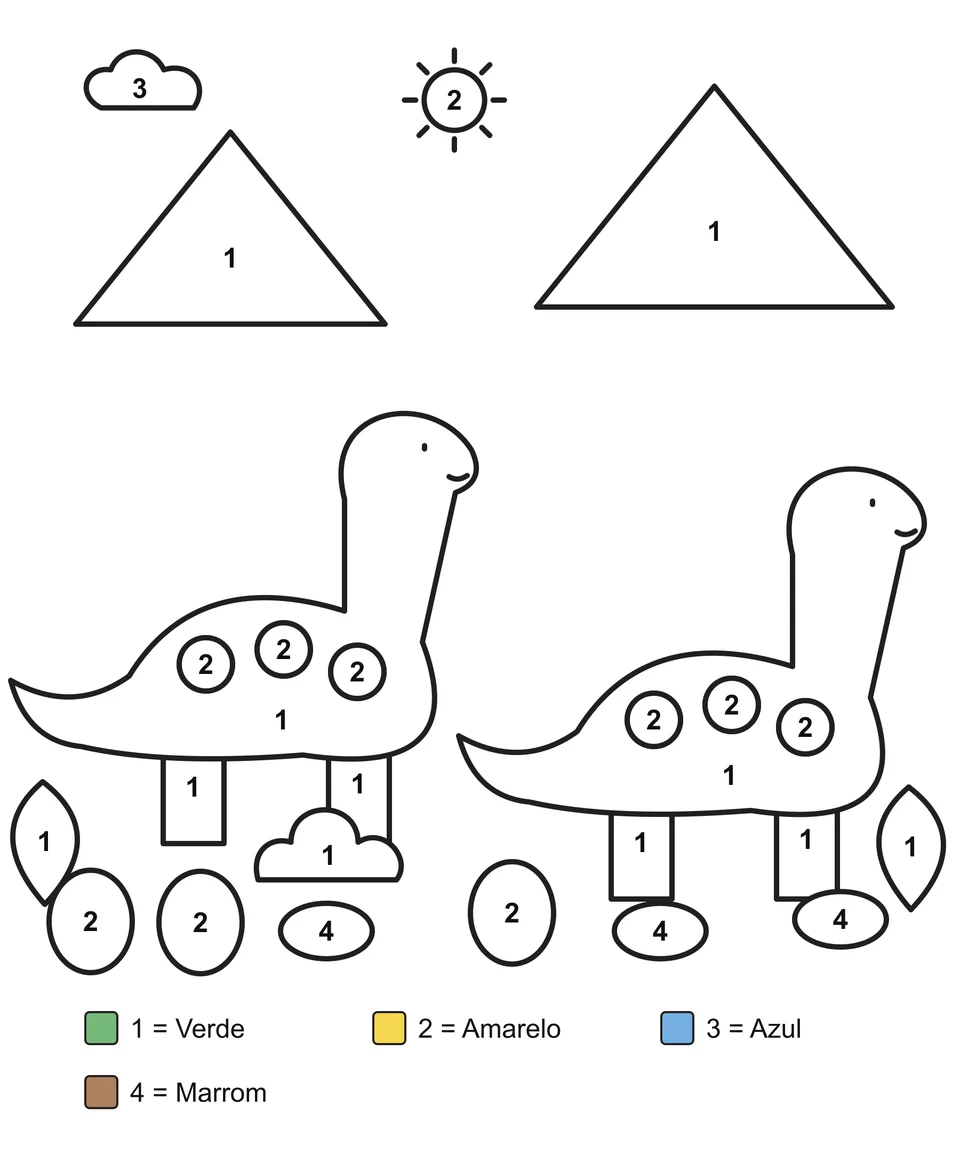 Desenho para colorir por números: Dois dinossauros de pescoço comprido entre montanhas, ovos e plantas.